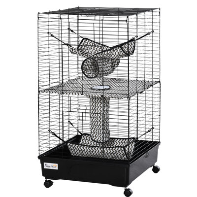 PawHut Ferret Cage, Small Animal Habitat Metal Pet Cage with Wheels Brakes, Hammocks, Hanging Tunnels, and 3 Doors, Black