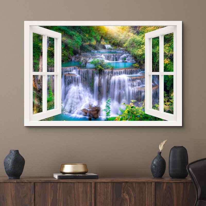 Window Scenery " Window View Springtime Waterfall Rapid Neon Forest Nature Pictures Scenic Landscape ", 12" H x 18" W