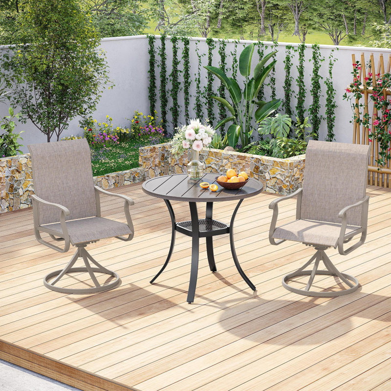 Round Patio Dining Set, Bois brossé gris / noir / coquille de sable