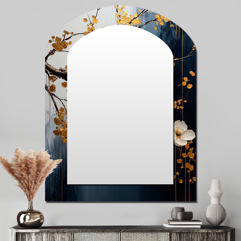Gold Blue Tones Cherry Blossom Branch V - Cherry Blossom Asymmetrical Unique Wall Mirror Decor, Blue Arch Large Mirror, Printed Metal Art