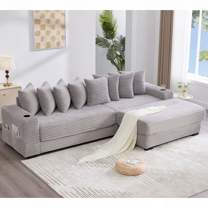 Canapé modulaire en L 110,75 po, canapé modulaire en velours côtelé, avec repose-pieds mobile, porte-gobelets, 8 coussins décoratifs, poche latérale, déplier dans un lit