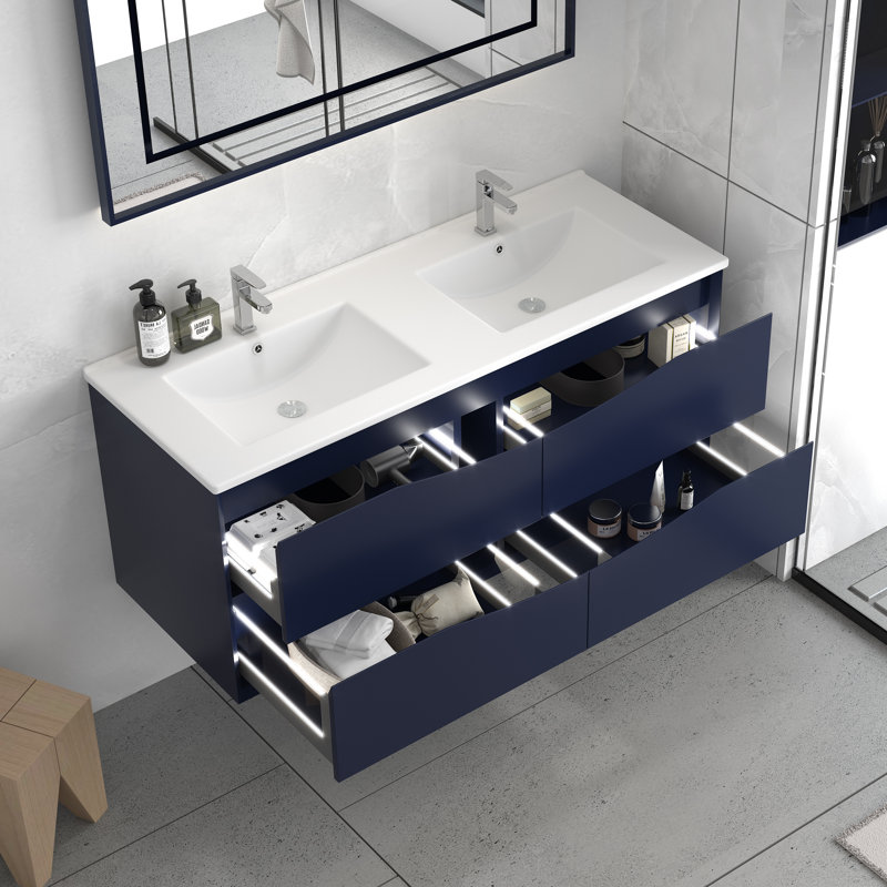 Ensemble de meuble-lavabo double 48 po avec deux tiroirs et éclairage DEL 48 po, Noir