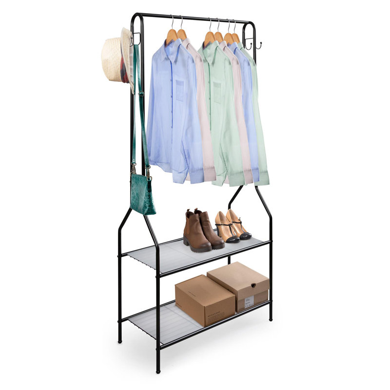 Aravind Clothes Rack Steel Clothing Rail With Two Shelves Hanging Hooks 5ft Height, Black