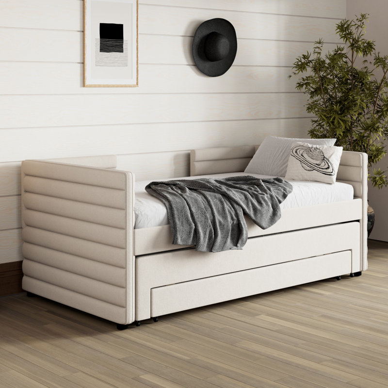 Upholstered Daybed With Trundle And 3 Storage Drawers For Guest Room, Living Room, Beige