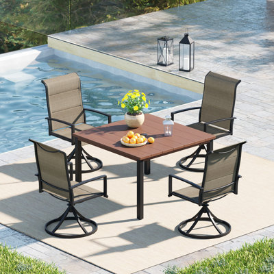 4-Person Patio Dining Set with Square Metal Dining Table and 4 PVC-coated polyester Swivel Chairs 