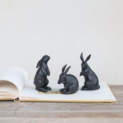 3-Piece Resin Rabbit Decor, Cast Metal Finish