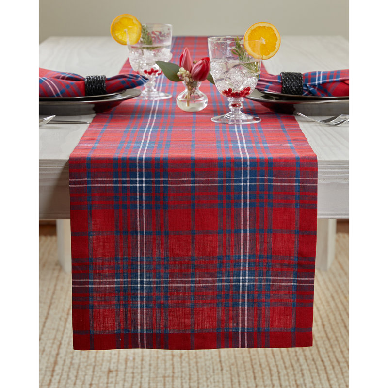 Red and Navy Plaid Linen Table Runner, 14 x 36 Inch