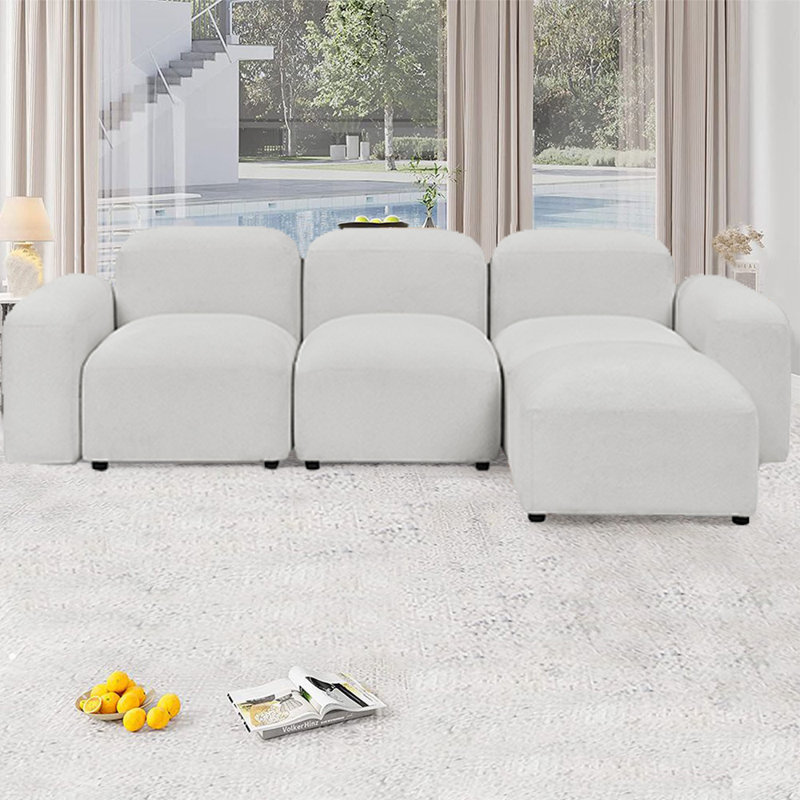 Assise modulaire réversible de 94 po avec repose-pieds Ashawn, 100 % polyester ivoire