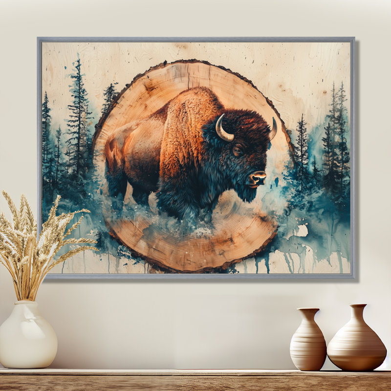«Marcison Bison In Wood Slide Forest Landscape - Bison Large», art mural, H 30 po x l 40 po, Cadre flottant, Argent argent