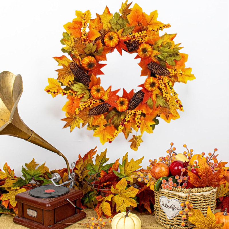 Couronne de Thanksgiving artificielle, couronne de porte d'érable artificielle 17,7 pouces avec fausse citrouille, décorations murales et de fenêtre pour les fêtes