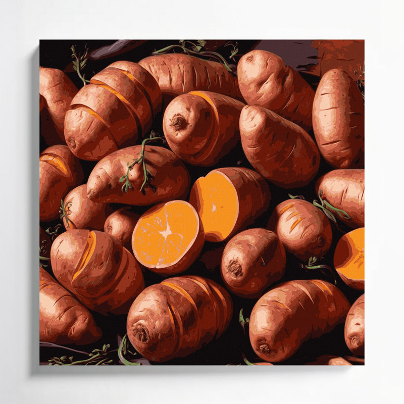 Art sur toile, légumes et patates douces noires, 12" H x 12" W