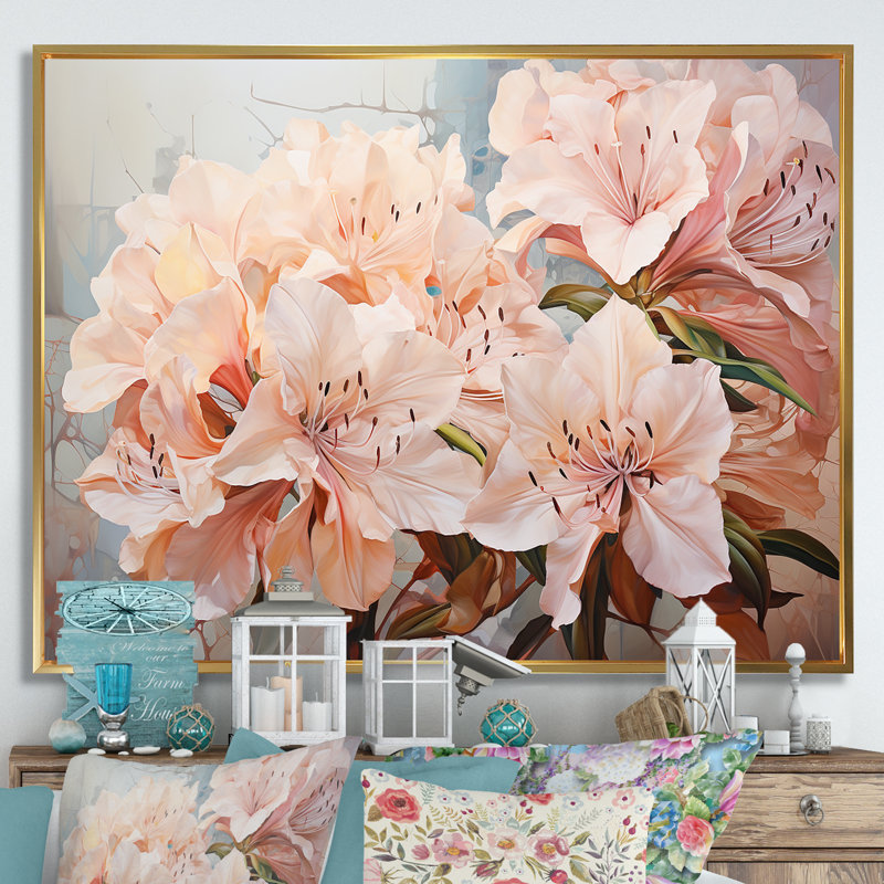 Poème de pétales de rhododendron minimaliste I, Cadre flottant doré, 24" H x 32" W