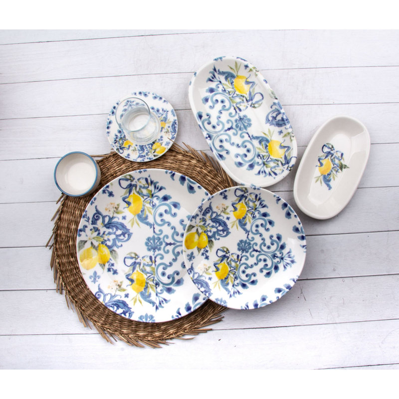 Ensemble de petit déjeuner (32 pièces), Floral, Blanc / jaune