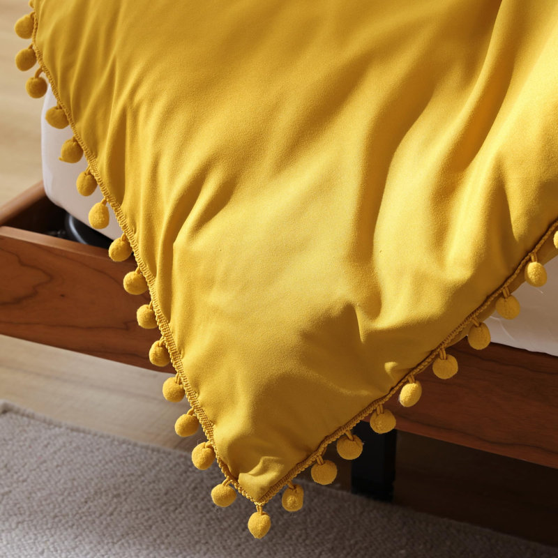 2 Pieces Ball Pom Fringe All Season Comforter Set, Soft OEKO-TEX Microfiber Boho Bedding for Bedroom Decor, Mustard Yellow