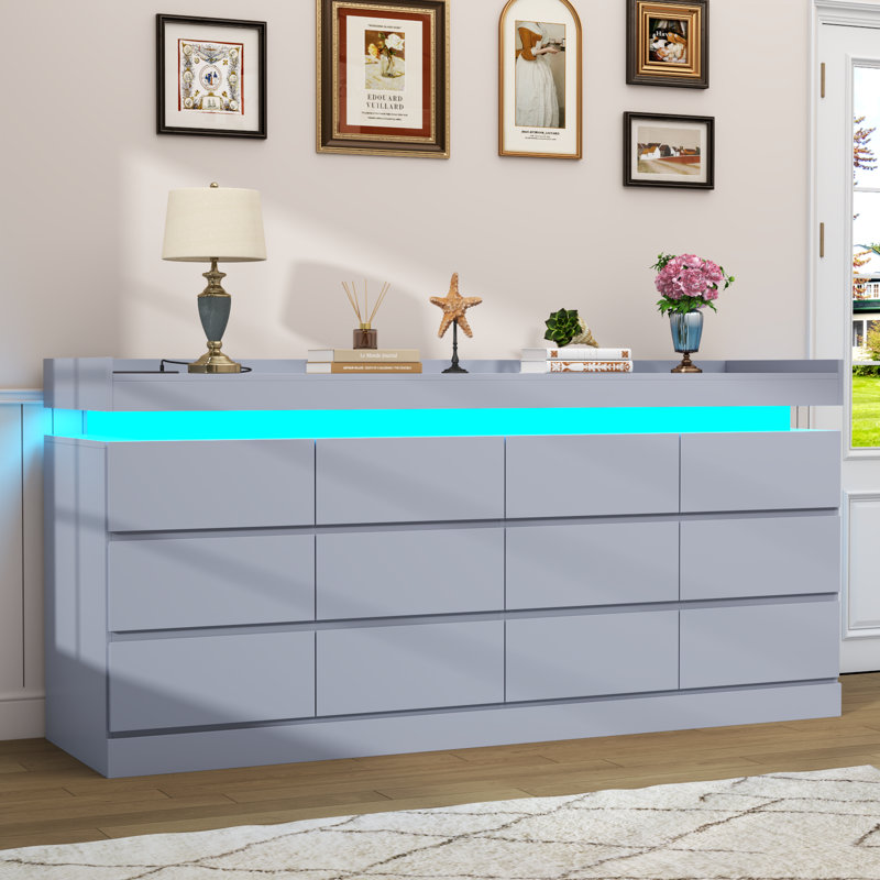 12 Drawer Dresser For Bedroom With Power Outlet, LED Light, Gray