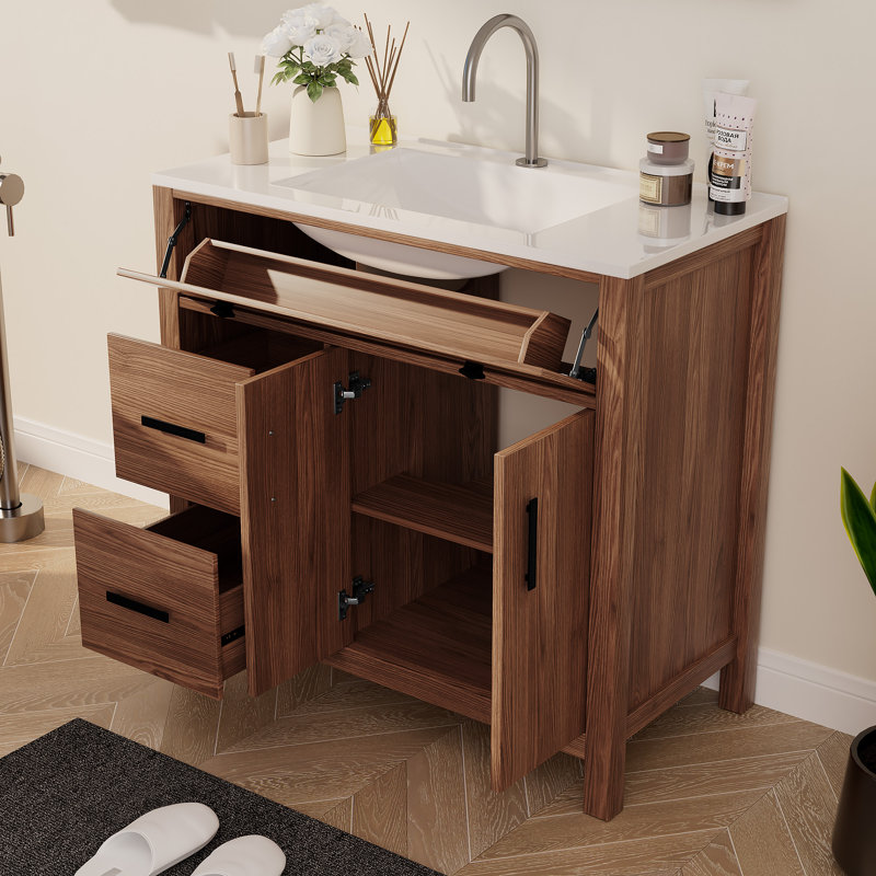 36" Single Bathroom Vanity with Resin Top and Sink Freestanding, Light Brown