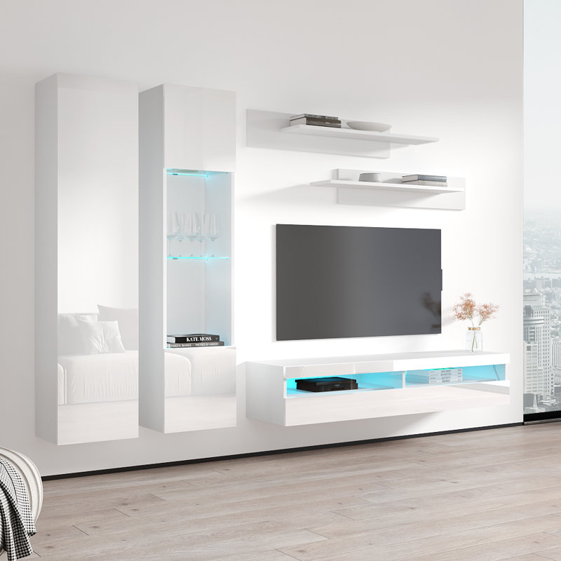 Meuble audio-vidéo mural flottant moderne de 100 po avec éclairage à DEL 16 couleurs, finition ultrabrillante, Blanc