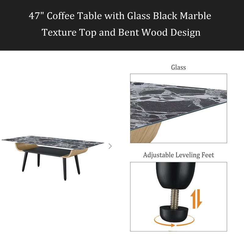 47" Coffee Table With Glass Marble Texture Top And Bent Wood Design, Black