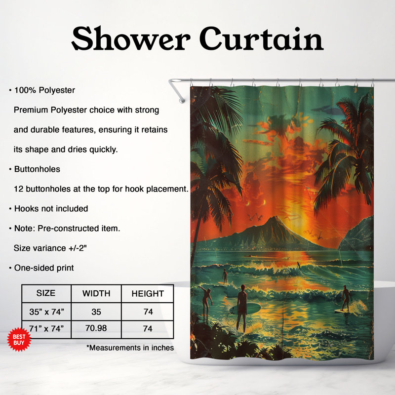 Rideau de douche standard 1 pièce Classic Hawaiian Sunset, H 74 po x l 71 po