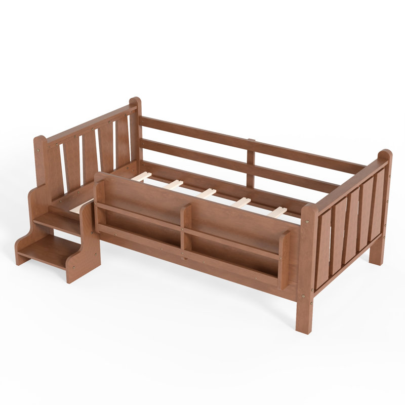 Kids Twin Solid Wood Floor Bed with Bookcases, Cute Stairs and Guardrails, Natural, Twin