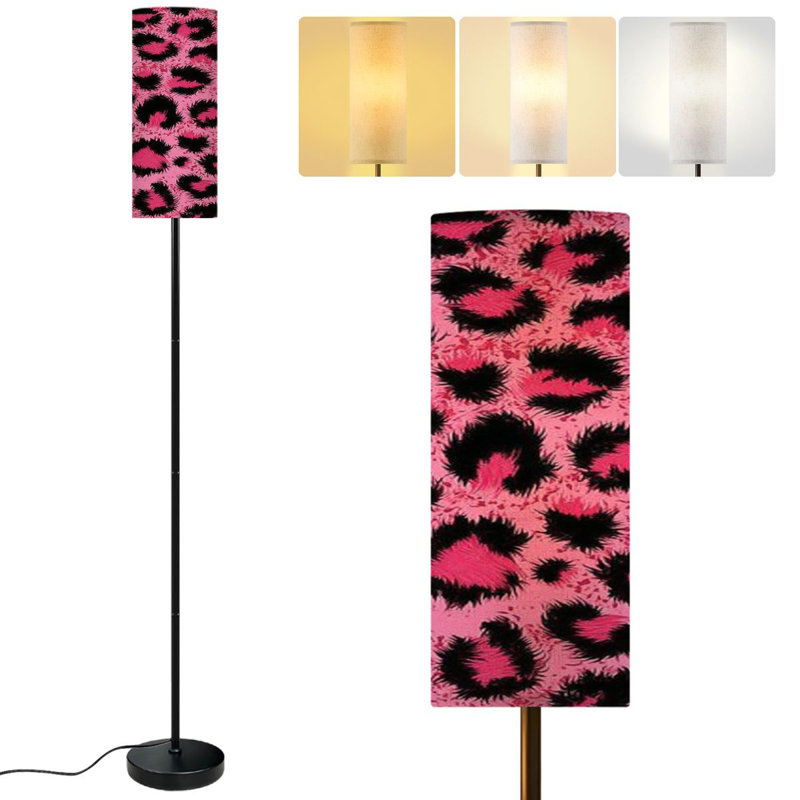 68.5" Standing Floor Lamp Seamless pink leopard Dimmable Metal Pole Lamp with Linen Lampshade LED Bulb Included