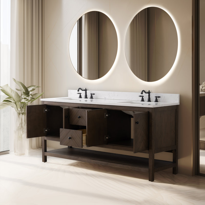 Chazden 72" Freestanding Herringbone Design Double Bathroom Vanity with Engineered Stone Top, Brown
