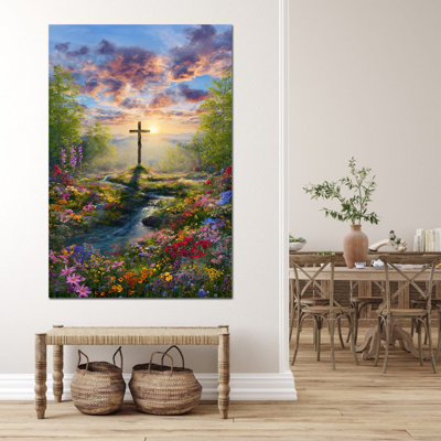 Art mural de Pâques, décorations murales de Pâques, impressions sur toile de Pâques pour le salon, art mural chrétien, images inspirantes de printemps de croix encadrées prêtes à être accrochées 36 po x 48 po