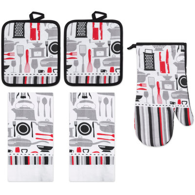 Ensemble de linge de cuisine imprimé 5 pièces PREMIUS, ustensiles de cuisine, 2 serviettes en coton, 2 porte-casseroles, 1 gant de cuisine