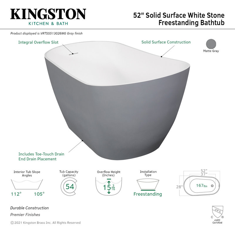 Baignoire autoportante ovale 52 po Kingston, gris