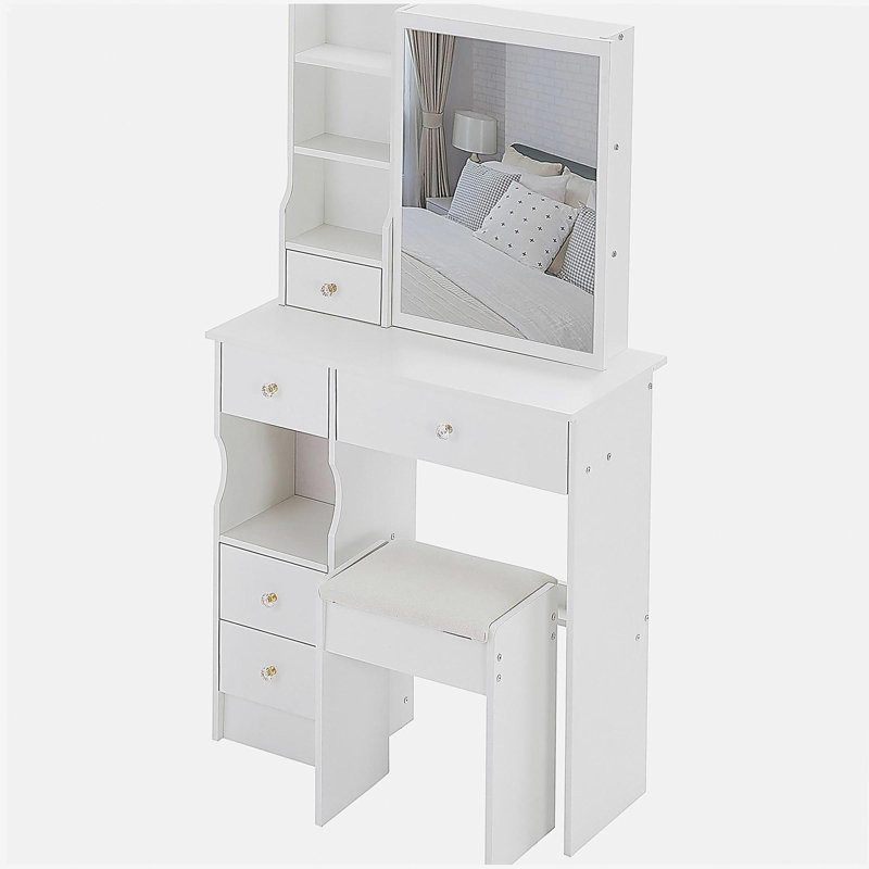 Petit meuble-lavabo de 29,2 po avec tiroir à gauche et tabouret rembourré, très grand miroir coulissant à droite, rangement multi-couches à grande capacité, commode pratique et pratique, convient aux petits espaces