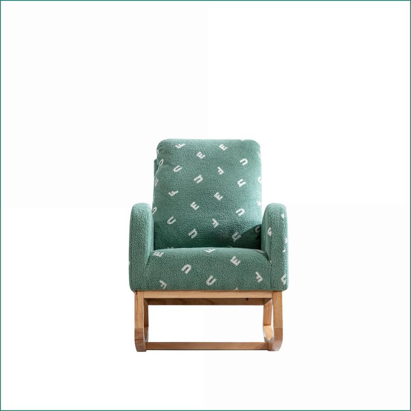 Chaise berçante, chaise berçante moderne Mid-Century l 26,8 po avec poche latérale, dossier haut rembourré en bois massif vert Boucle | Boucle | Mousse