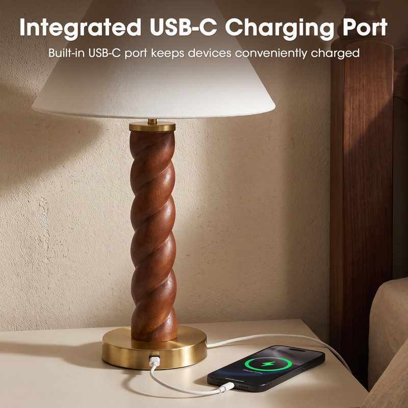  Helixia Twisted Faux Wood Table Lamp with USB C Port
