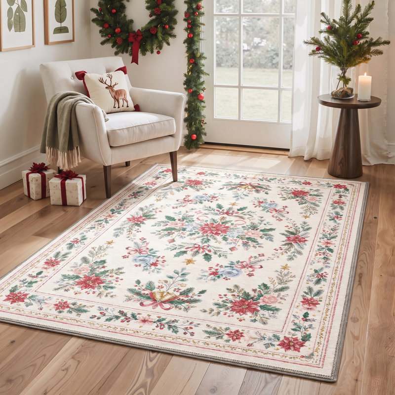 Tapis de Noël vintage à motif floral botanique, lavable à la machine, ivoire et rouge, avec envers antidérapant