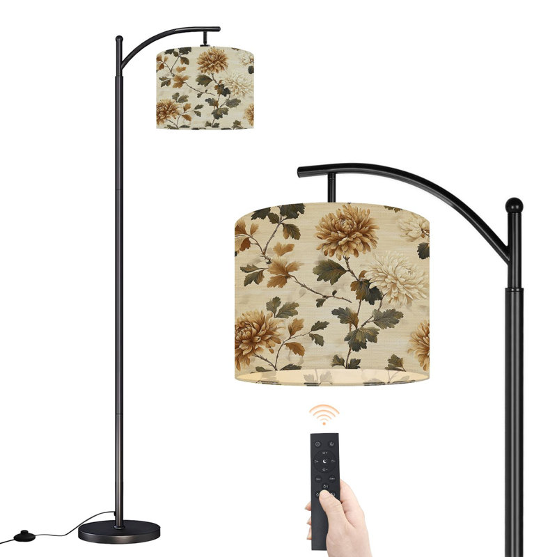 Lampe sur pied à arc avec abat-jour réglable Chrysanthemum floral élégant aux tons chauds Lampe sur pied beige doux 3 températures de couleur Lampe à poteau haut à intensité variable avec interrupteur au pied pour la chambre à coucher