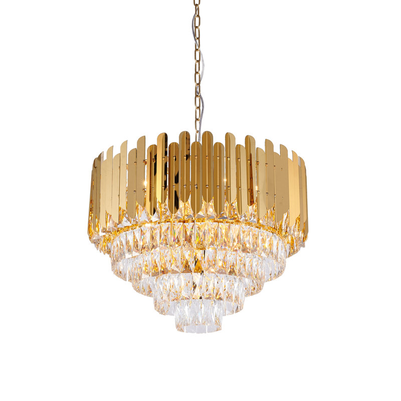 Lustre en acier inoxydable doré 15 lumières avec cristaux transparents, H 28 po x l 24 po x P 24 po, 15