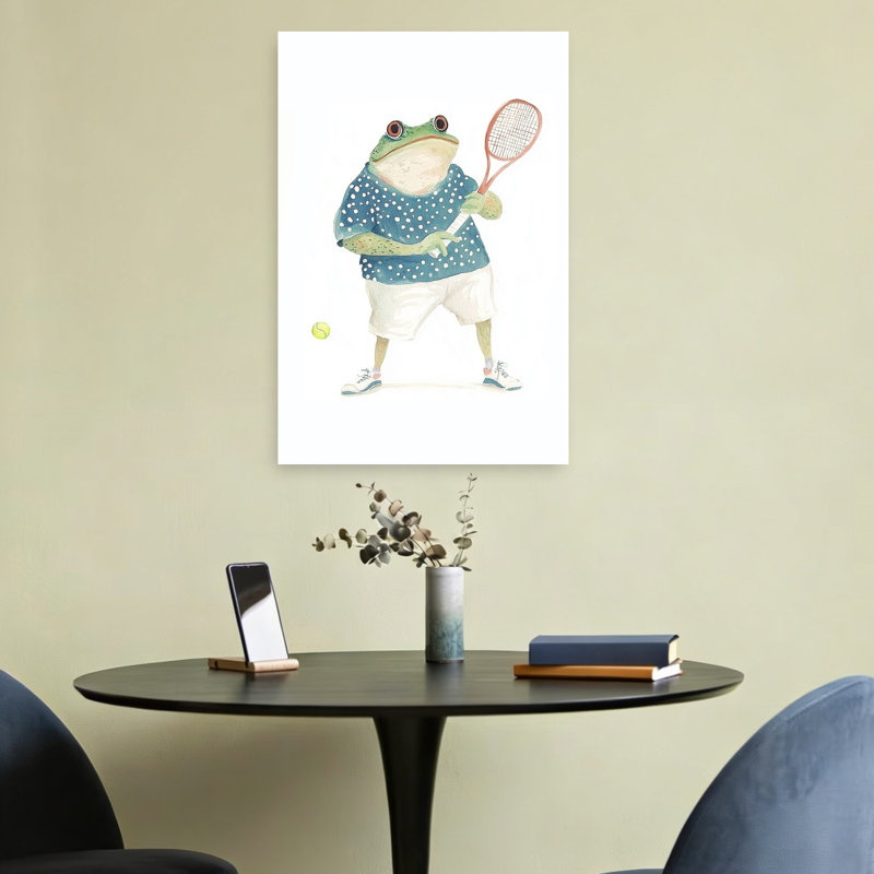 Whimsical Frog Tennis Player Playful Whimsical Contemporary Frog Wall Art Print by Mathieu - Wrapped Canvas Print