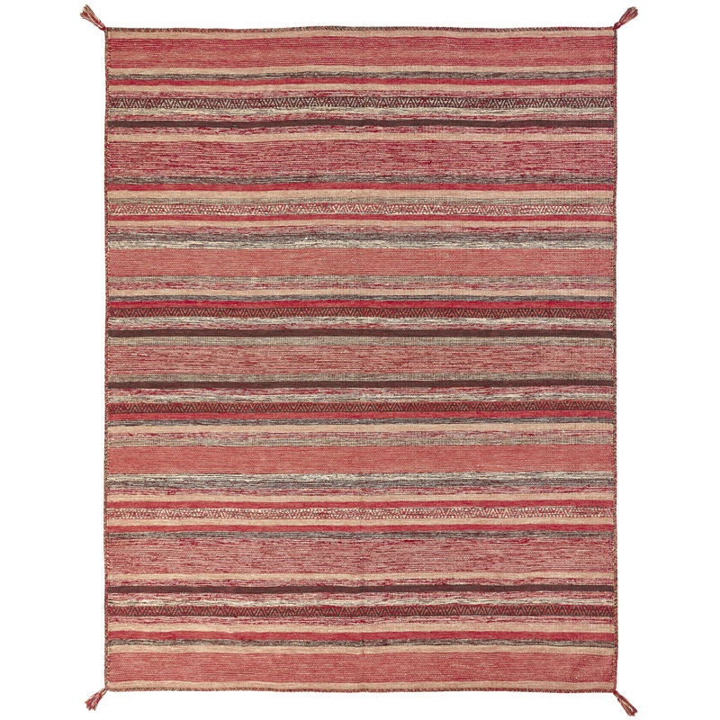 Tapis décoratif rouille en coton noué à la main à rayures Steffen, Rectangle 7 pi 6 po x 9 pi 6 po