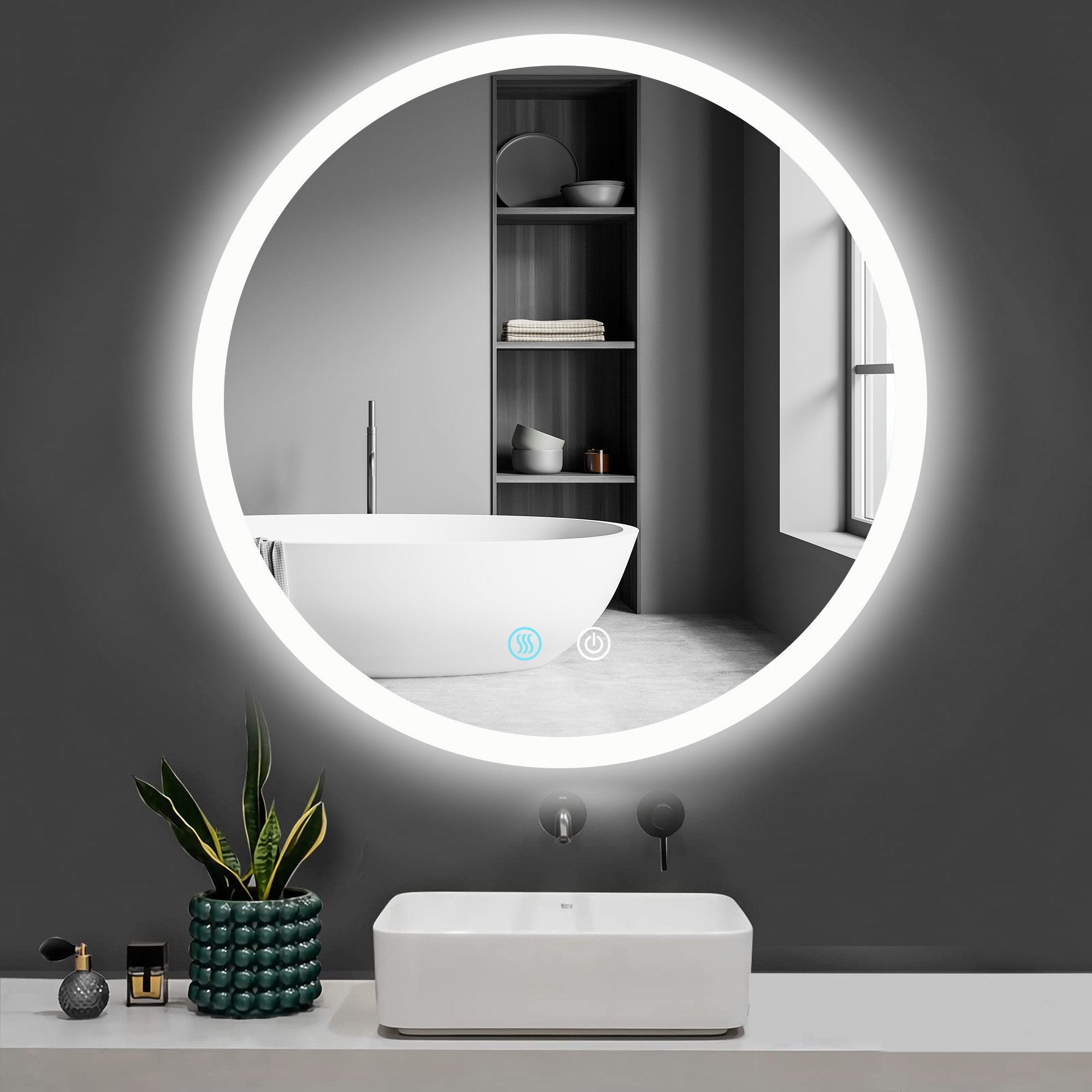 Round Backlit LED Vanity Bathroom Mirror, 24” Anti-Fog, Wall