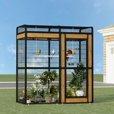 Black Large Bird Cage Aviary With Wooden Perch & Stainless Steel Feeders, Suitable For Small/Medium Birds (Parrot/Canary) - 68.5" L X 33.4" W X 74.8" H
