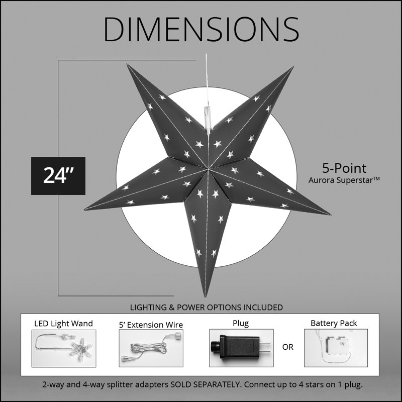 LED Fold-Flat 5-Point Star Light Lanterns, 24" H x 24" W x 8" D, White