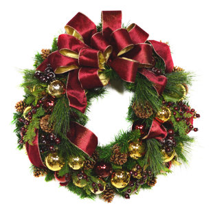 Holiday Front Door Wreath with Berries, Ornaments and Pinecones