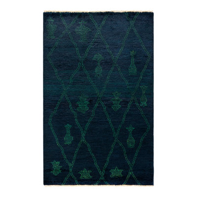 Tapis bleu marine / vert noué à la main de conception unique 3 pi 3 po x 5 pi Wodina