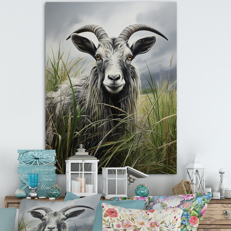 «Grey Meadow Buck Goat Peaks», art mural animal de chèvre, H 40 po x l 30 po x P 1,5 po, Toile tendue