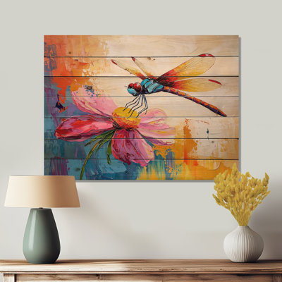 Libellule sur une fleur II - Décoration murale moderne en bois sur bois de pin naturel