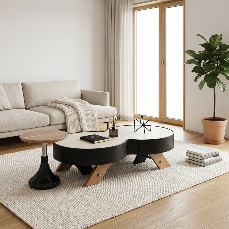 Modern Gourd-Shaped 2-Piece Coffee Table Set, Figure-8 Sintered Stone Nesting Coffee Table with Solid Wood X-Legs, Height Adjustable Round Side Table for Living Room, Japandi Style