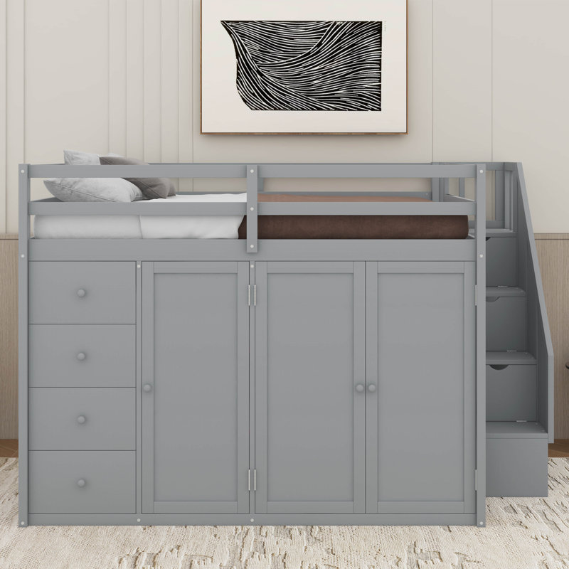 Full Size Wood Loft Bed With Wardrobes,Drawers And Cabinets, Gray