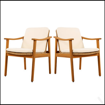 Ensemble de 2 chaises de salle à manger d'extérieur, structure en bois d'acacia couleur teck, osier PE brun, coussin imperméable beige pour les patios et les jardins