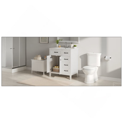 [Video] 30" White Bathroom Vanity with Ceramic Sink, Freestanding Vanity with Black Metal Handles, Solid Wood Legs, Soft-Close Doors & Drawers, Ample Storage (Other Size: N725P246491K)