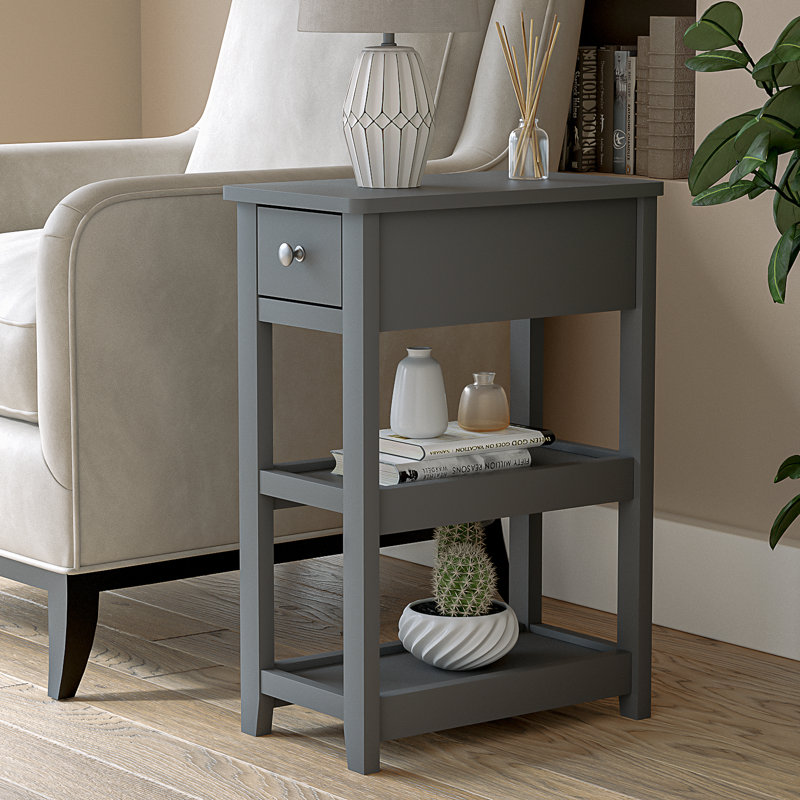 24'' Tall End Table, Narrow Side Table with Drawer and Shelves for Small Space, Gray