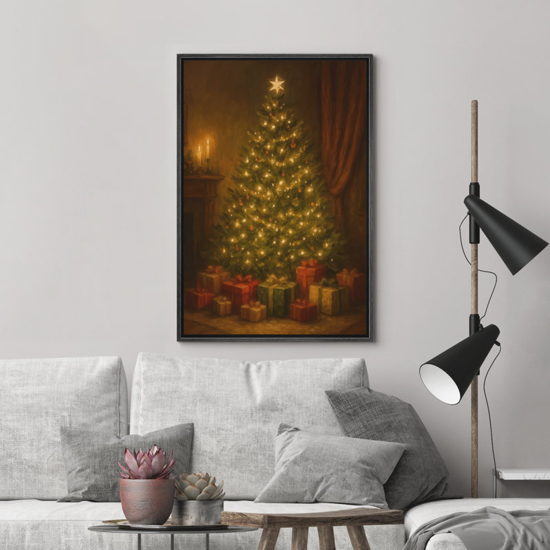 «Christmas Tree with Presents Warm Classic Holiday Interior», reproduction d'art sur toile encadrée dans la chambre principale